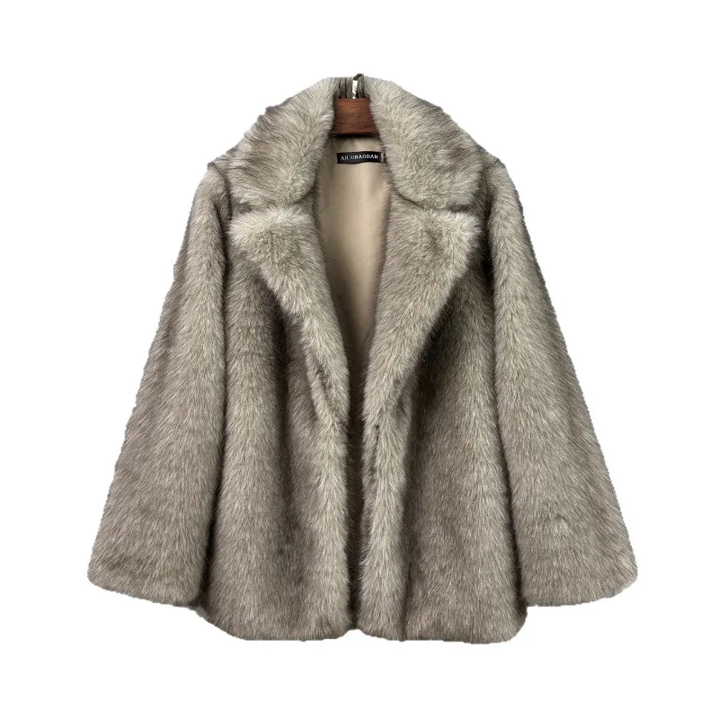 Women Solid Color Mid-Length Faux Fox Fur Coat Toka Plush Texture Lapel Collar Open Front Long Sleeve Loose Fit Outerwear