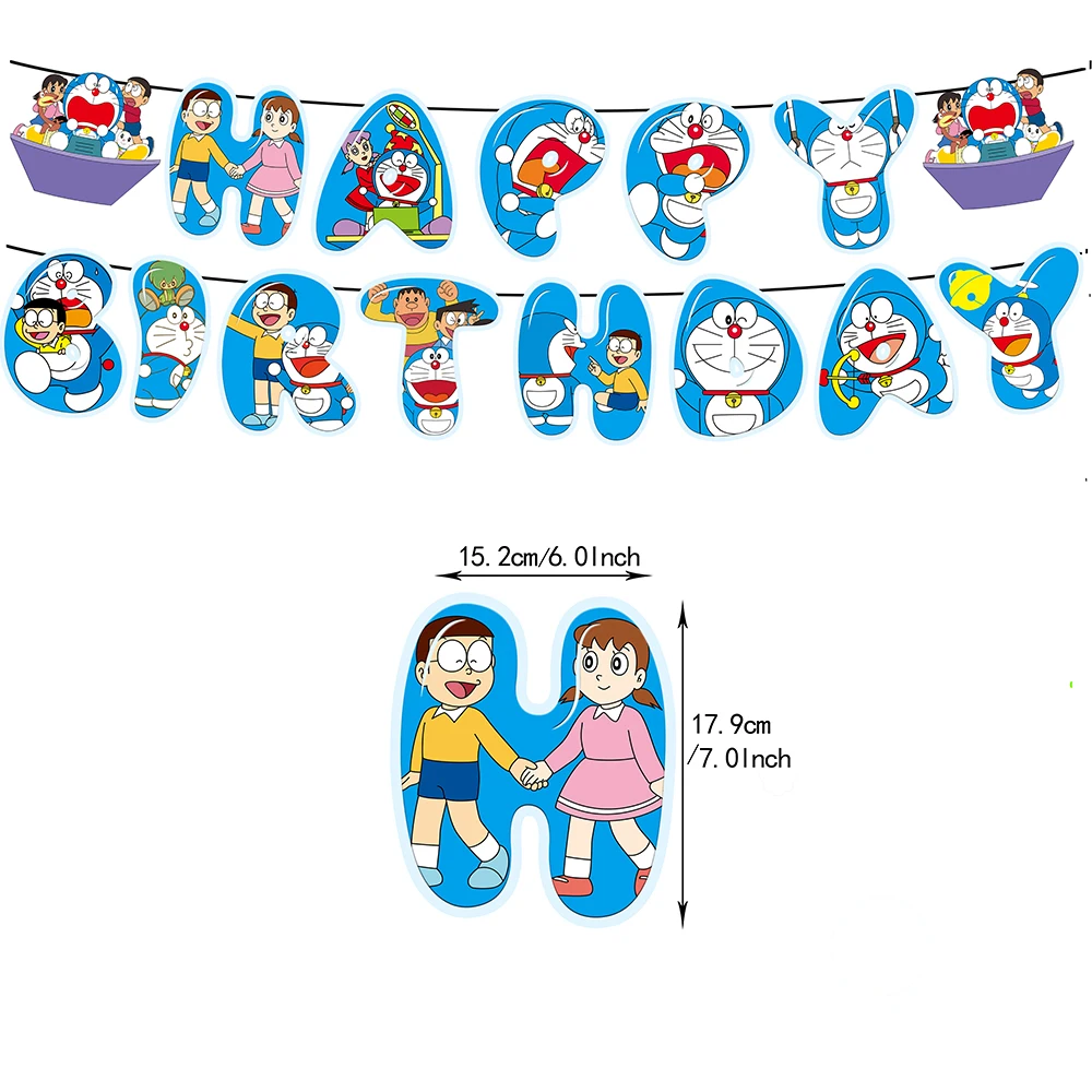 Bonito Doraemon Série Birthday Party Dinnerware, Banner Descartável, Bolo Topper, Bandeira Pendurada, Balões Decoração