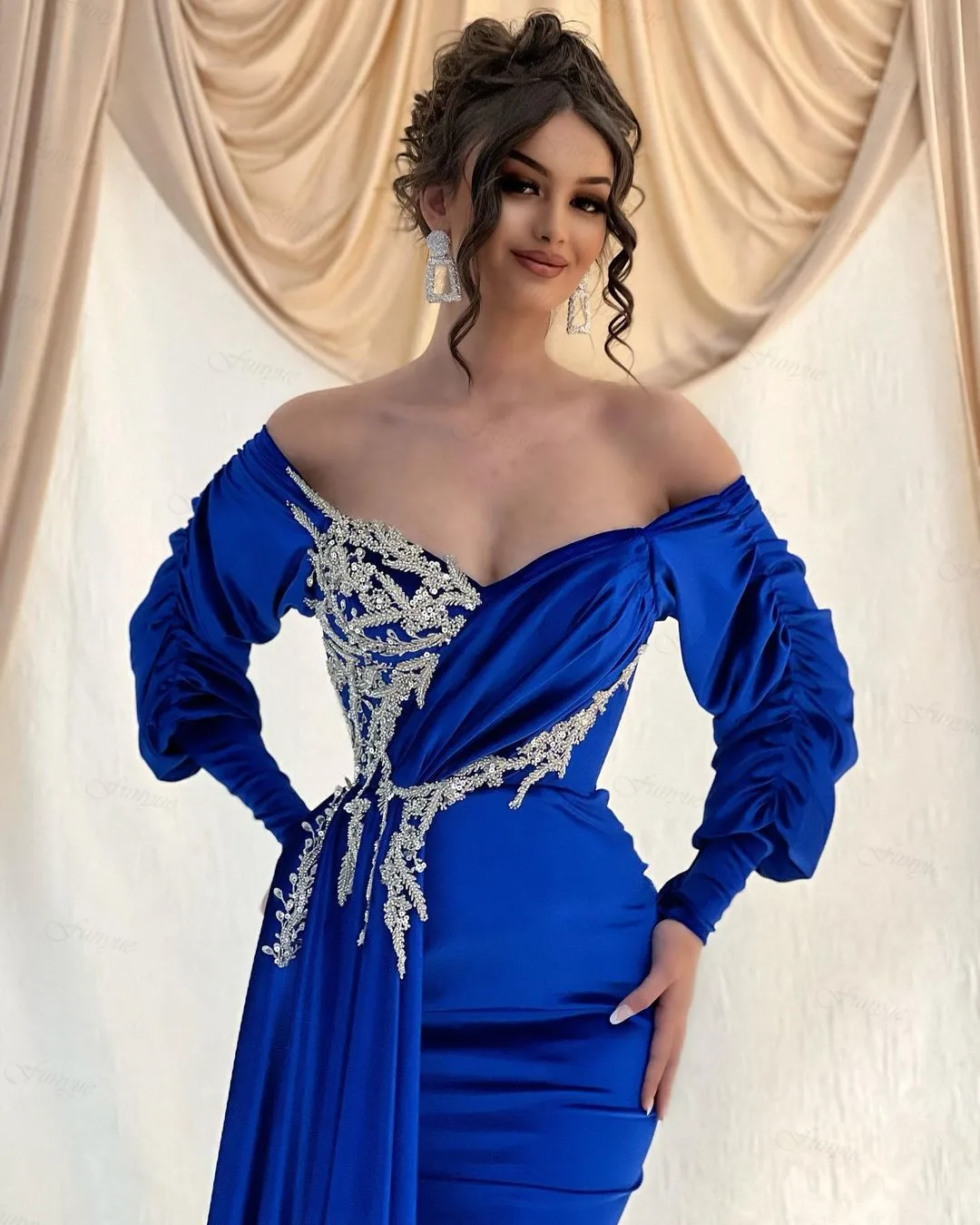 Funyue Royal Blue Mermaid Muslim Evening Dresses Long Sleeves Beaded Lace Off Shoulder Dubai Saudi Arabric Formal Prom Gowns