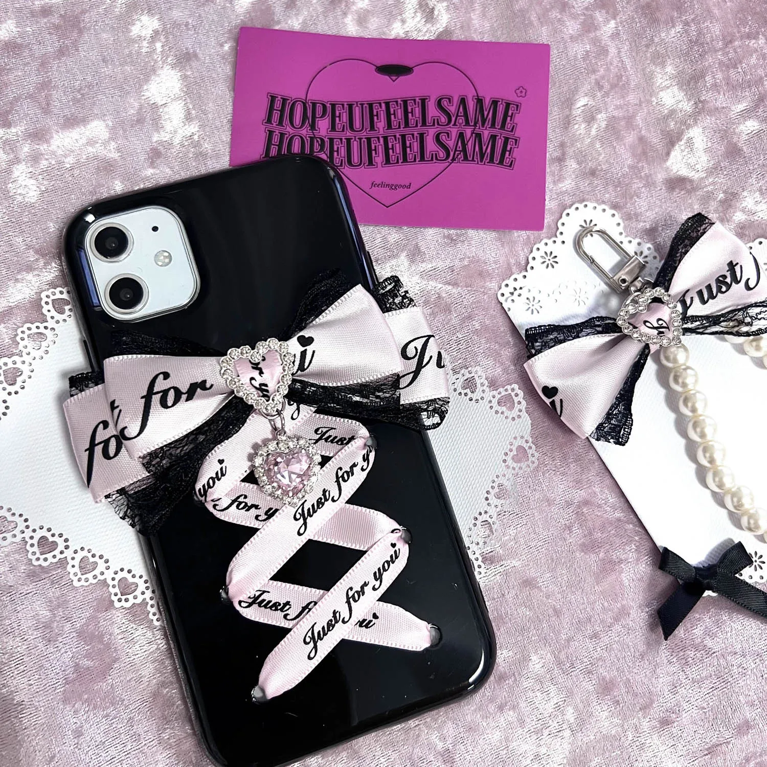 Coque de téléphone avec nœud en ruban fait à la main, étui souple avec pendentif pour iPhone 16 15 14 13 12 11 Harajuku Lolita Girl
