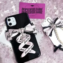 Handmade Ribbon Bow Phone Case For iPhone 16 15 14 13 12 11 Harajuku Lolita Girl Bowknot Heart Soft Phone Case with Pendant