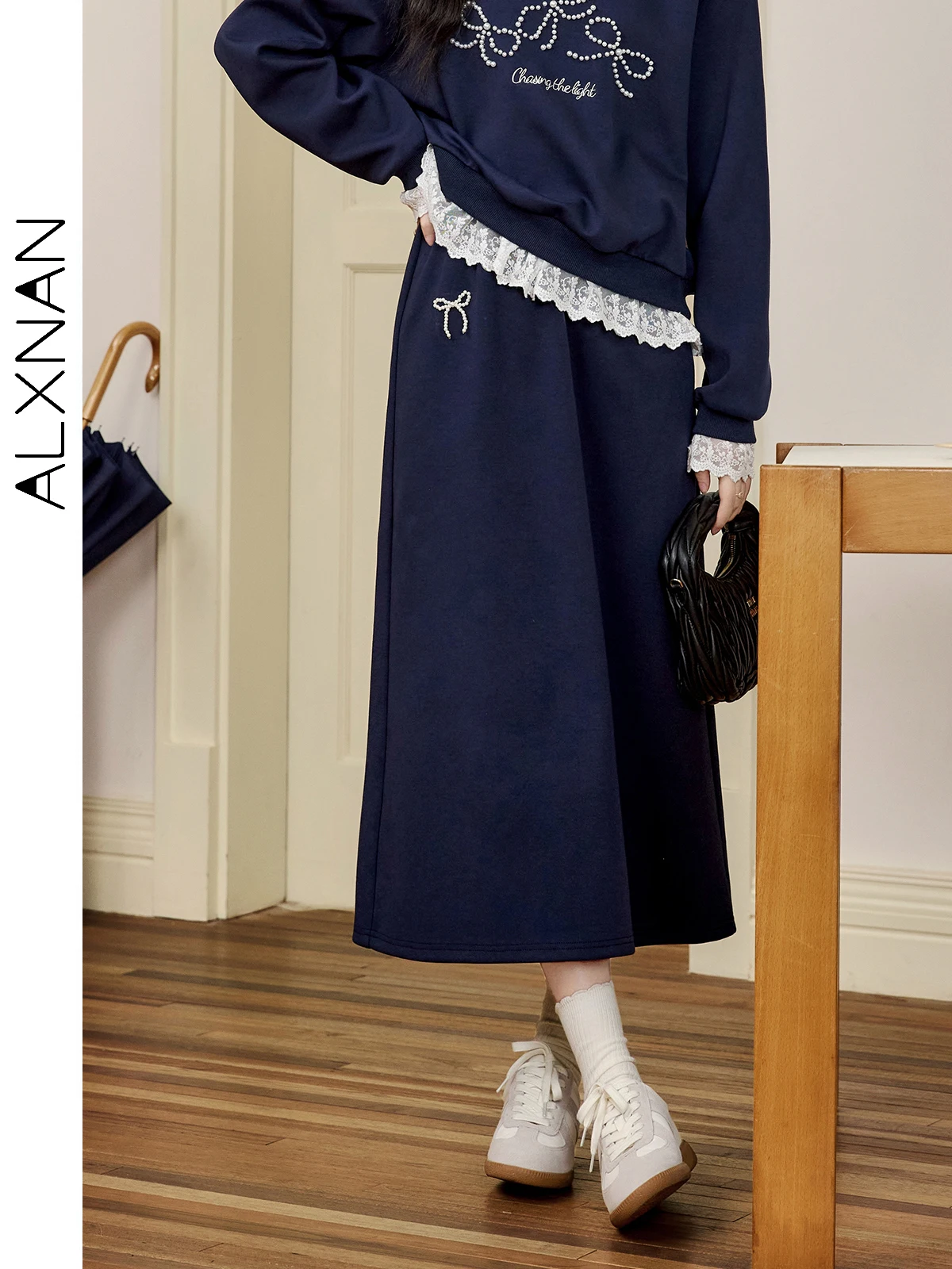 

ALXNAN Navy Blue Skirts for Women Trendy A-line Elastic Waist Pearl Bow 2024 Fall Winter Casual Bottom Sold Separately L50835BSQ