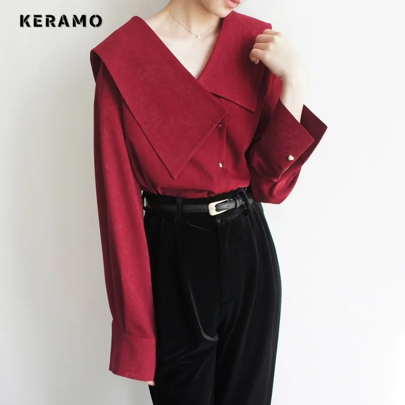 Korean Casual Style Peter Pan Collar Red Long Sleeve Solid Color Blouses 2024 Spring Women Single Breasted Luxury ELegant Shirts