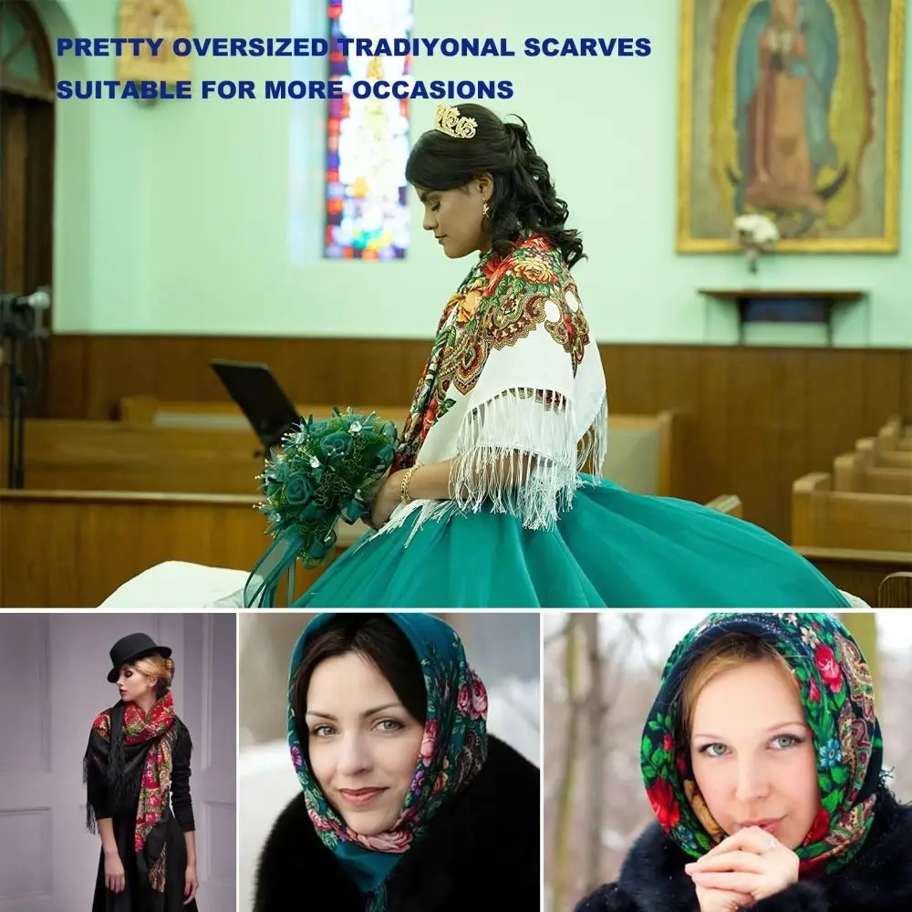 伝統的な160×160cmロシア風マフラースカーフ、ファッショナブルなオーバーサイズスカーフ、フリンジタッセル付きショールネックアクセサリー
