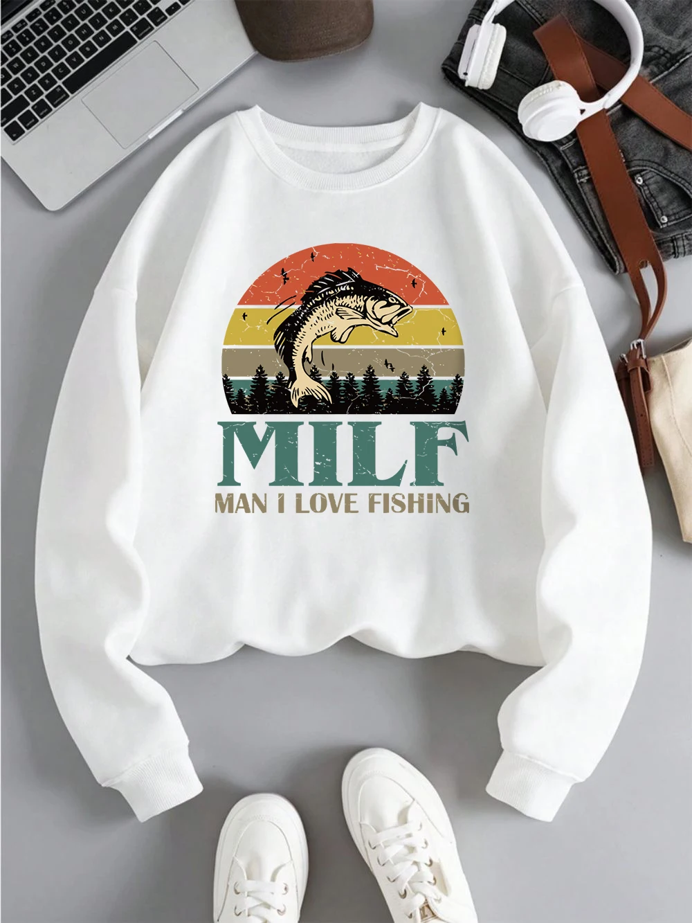 Milf Sweatshirts Women Man I Love Fishing Printed Hoodie Loose Fleece Warm Crewneck Clothes Winter Sporty Womans Pullover Tops