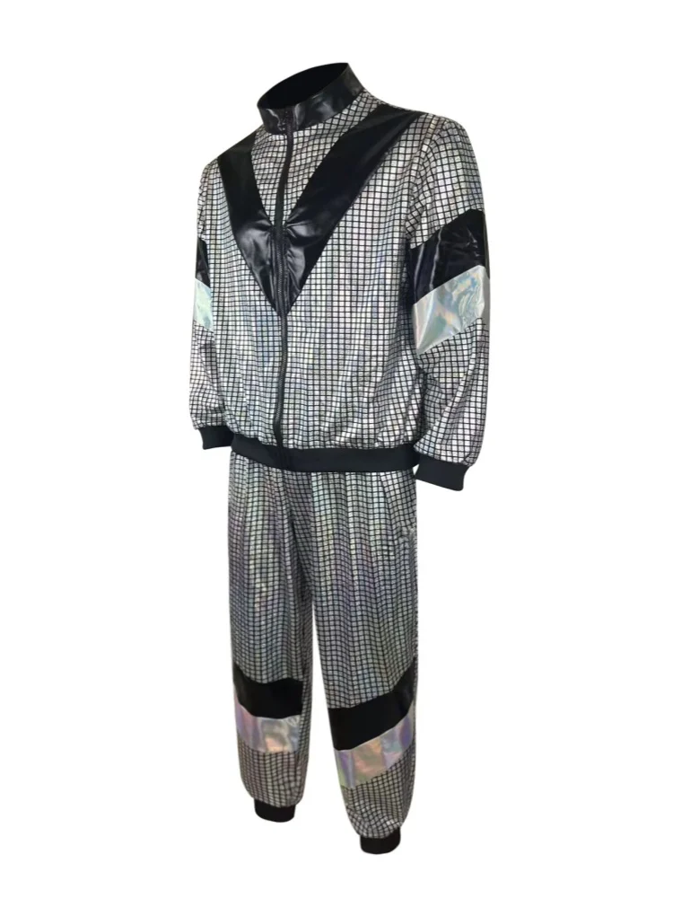 2Pcs Vintage 70s Hippie Disco Costume Sports Jacket Long Pants Suit Adult Cosplay Clothes Stage Party Performence Men Sportswear