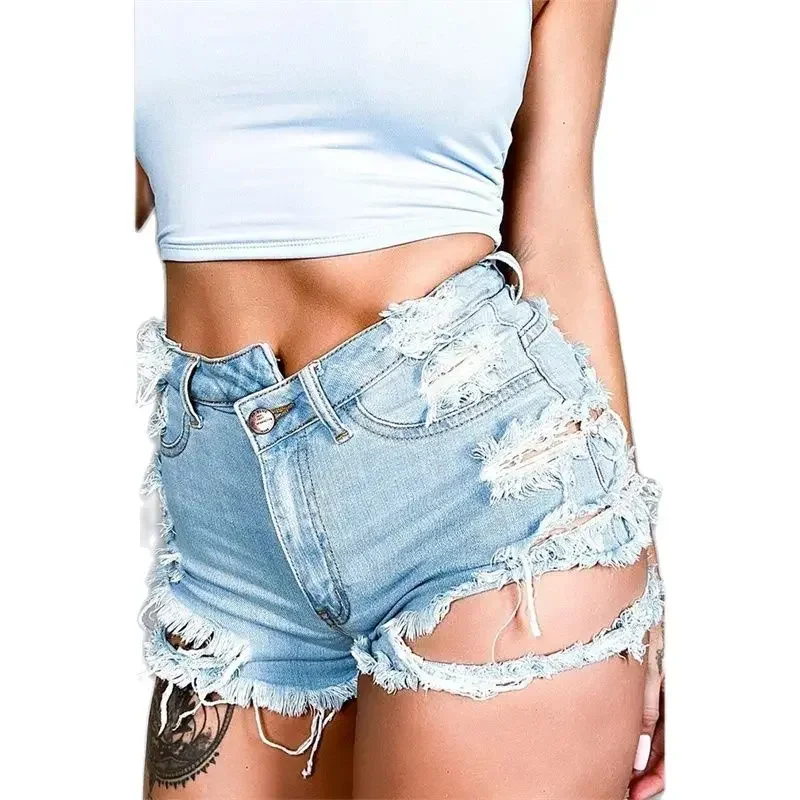 Moda seksi Rip düzensiz kırık delikler Denim şort kadın püskül pantolon bacaklar Mini kot kadın yüksek bel üç çeyrek pantolon