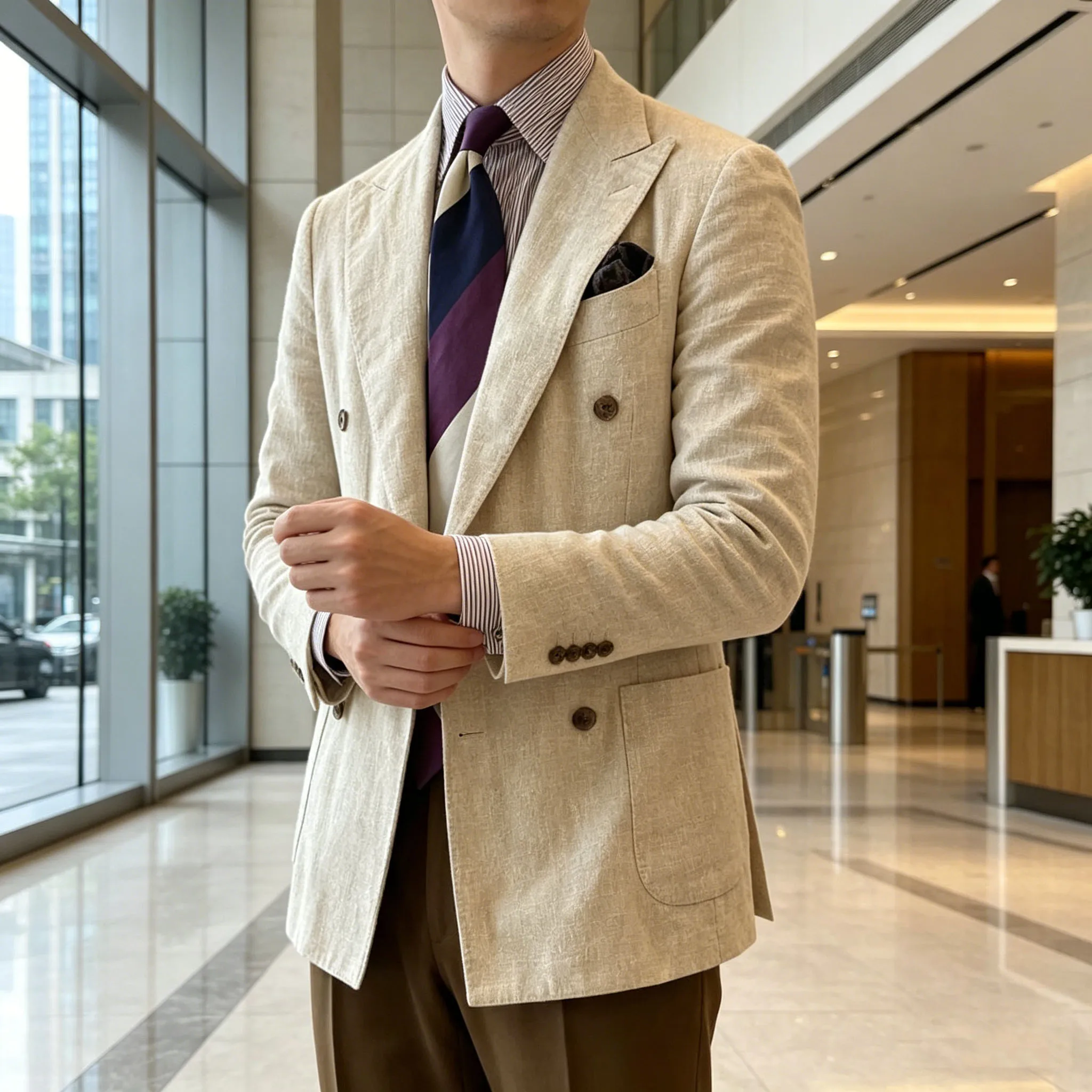 Elegant Men's Linen Blazer Double Breasted Peak Lapel Breathable Lightweight Fashion Casual Jacket Old Mmoney Aesthetic Business
