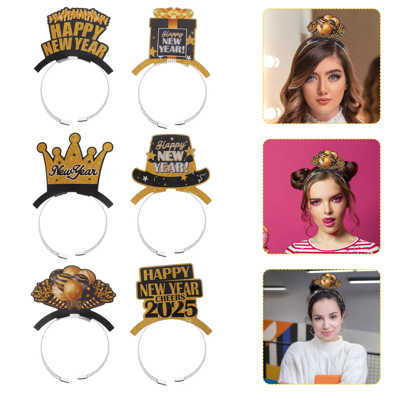 

6pcs 2025 New Year Headband Women Party Hair Clasp Festival Photo Booth Prop Adult Bopper Birthday Decoration Tinsel Glitter