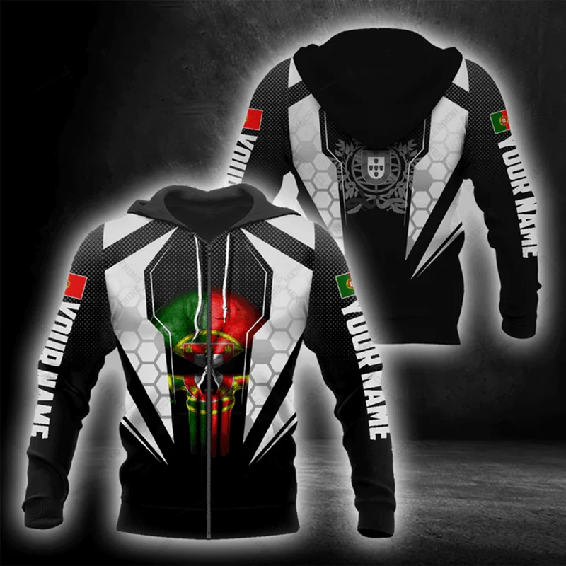 Customize Portugal Emblem Skull Pattern Zipper Hoodies Loose Unisex Oversize Sweatshirts Winter Casual Streetwear Tops Pullover