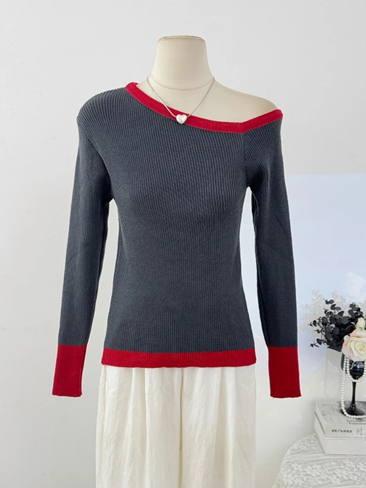 เสื้อแฟชั่นลำลองผู้หญิง ฤดูใบไม้ร่วง แบบเปิดไหล่ข้างเดียว ตัดสีแบบไม่สมมาตร เสื้อถักแขนยาว ทรงเข้ารูป สไตล์เรโทรเก๋ไก๋