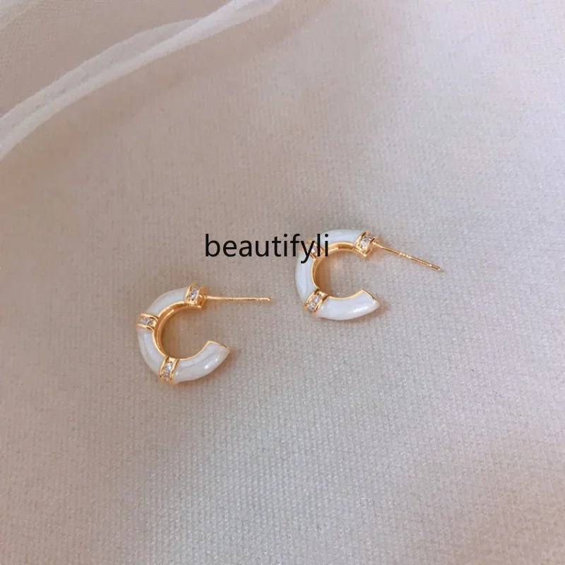 

yj High-Grade Temperament Entry Lux Earrings White Drip Glazed Bamboo Stud Earrings Unique Earrings