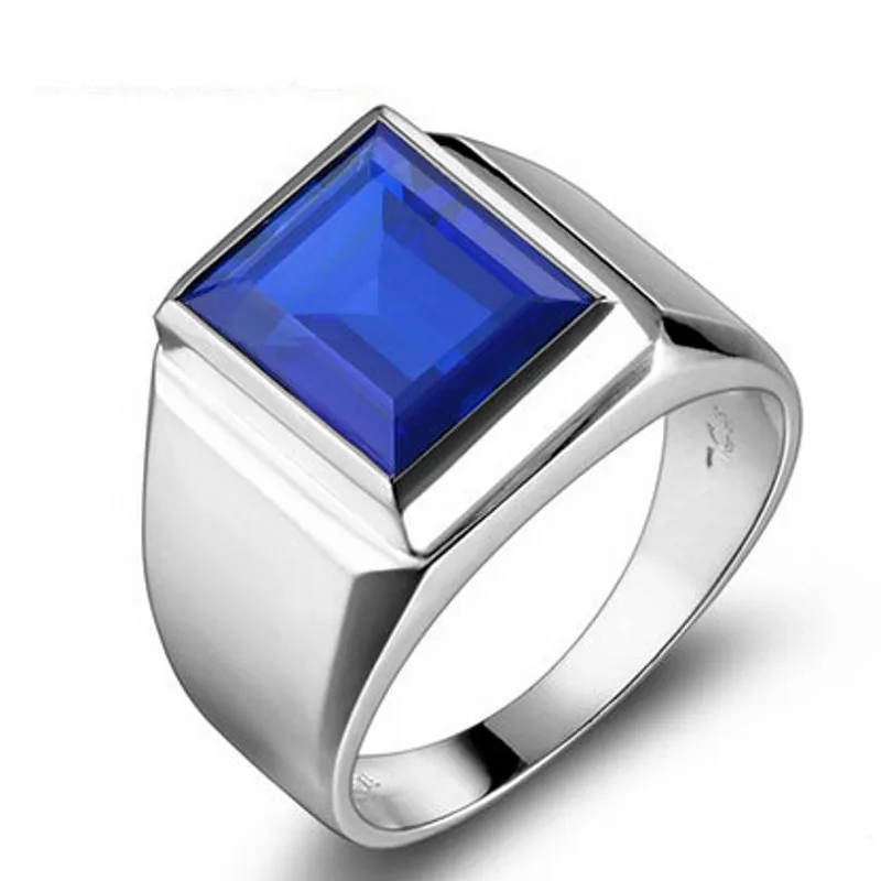 Handmade Male Ring 925 Sterling Silver Big 8ct Blue AAAAA Zircon Statement Wedding Band Rings for Men Finger Party Jewelry