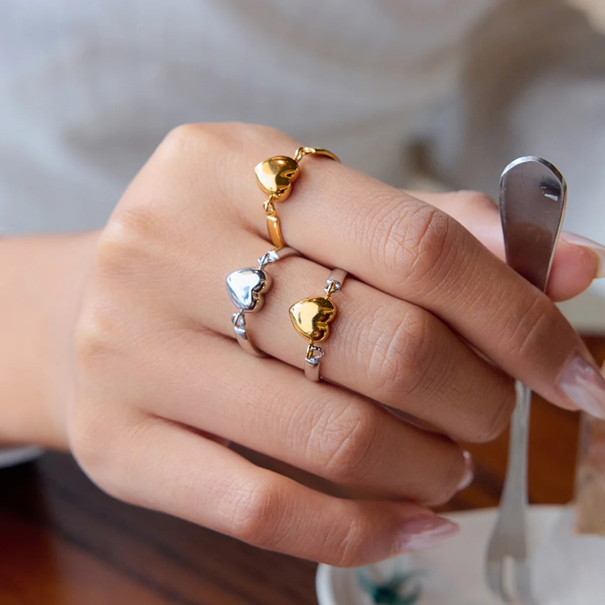 Creative Romantic Reversible Heart Ring for Women Lovers Gift Stainless Steel  Finger Jewelry Two Color Metal Ring