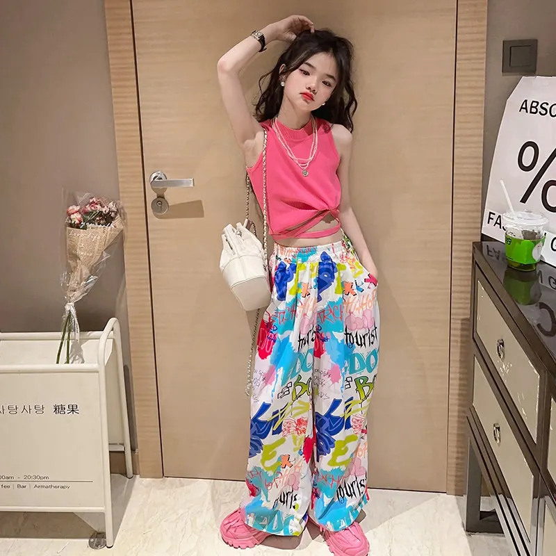 teenage Girls Clothing set Summer Knit Vest+Graffiti Pants Hip Hop suit Streetwear Costumes Kids Teenager Clothes Outfits