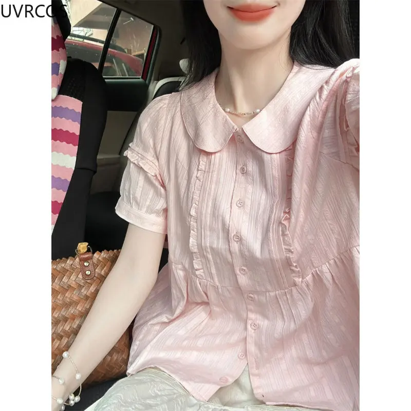 Pink Japanese Sweet Women Shirt Kawaii Cute Pleated Pan Collar Short Sleeve Lolita Blouses Y2k Aesthetic Fashion Blusas De Mujer