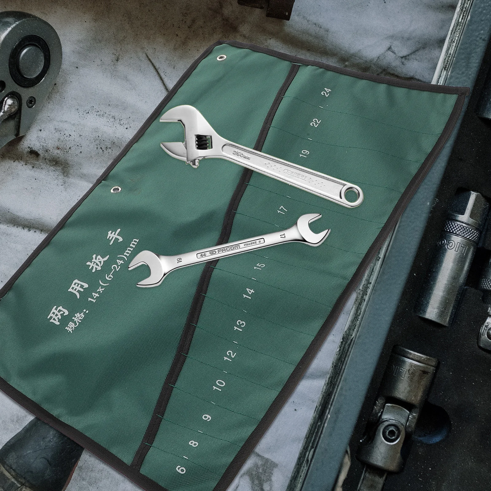 14-Pocket Wrench Organizer Canvas Tool Roll Up Bag Durable Storage Pouch for Spanner Repair Kit Portable Hardware Organizer Case