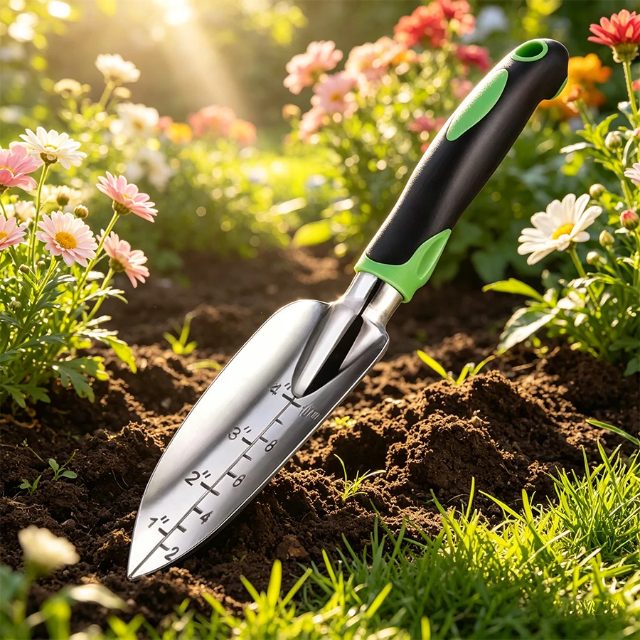 Stainless Steel Scale Marked Garden Trowel Non Slip Handle Heavy Duty Hand Shovel for Flower Planting Soil Loosening Transplant