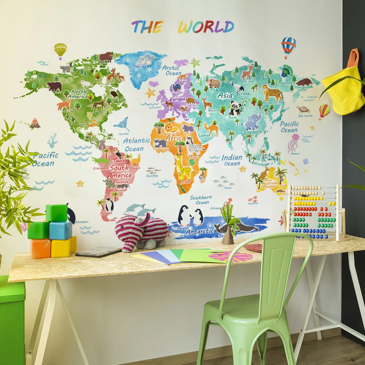 ENGLISH THE WORLD Animal Distribution Decorative Map Bedroom Children's Room Kindergarten Decorative Sticker