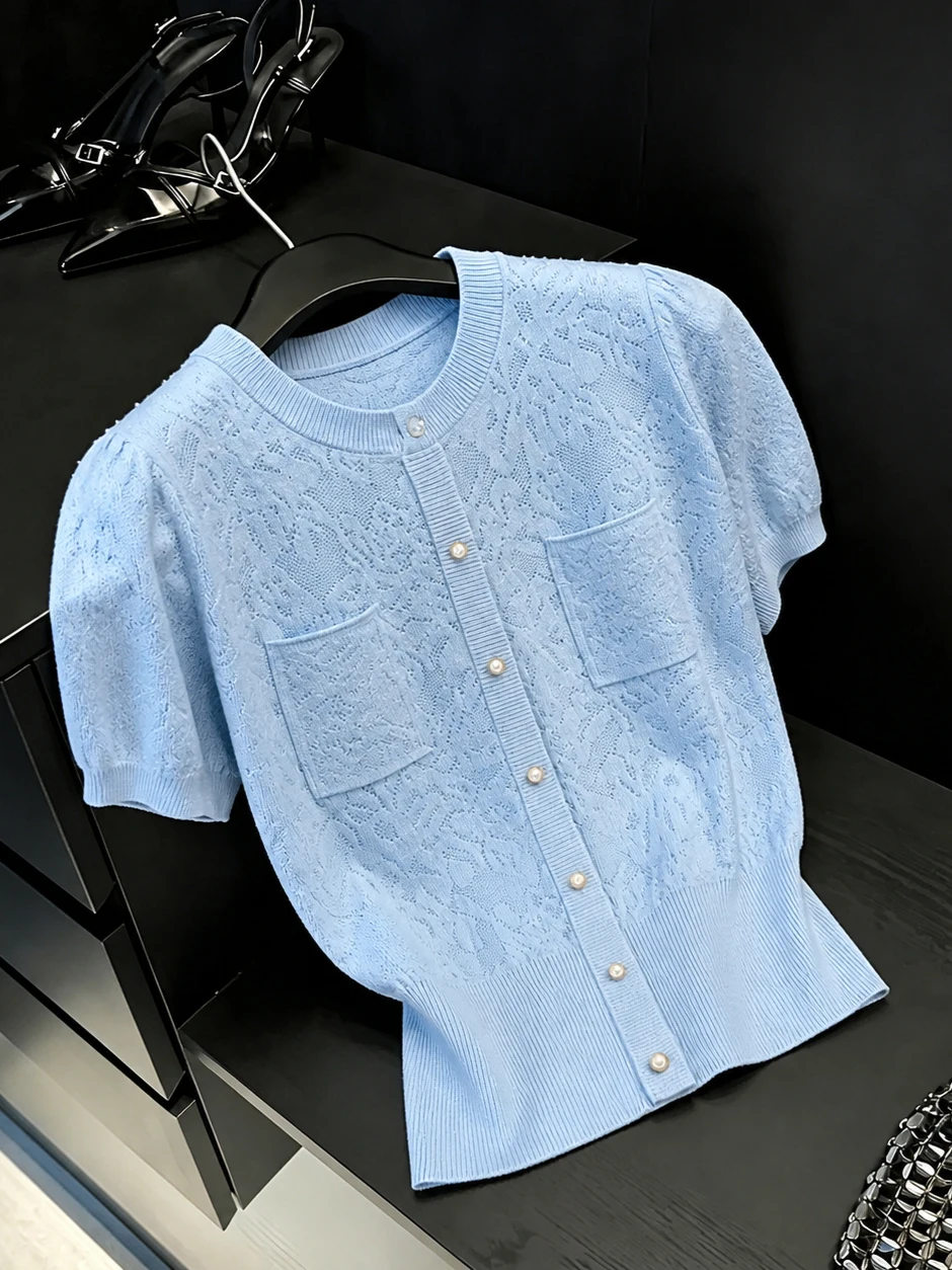 

Commuter Style Short Sleeve round Neck Knitwear Single Button Elegant Summer Top for Younger Looking Korean Version