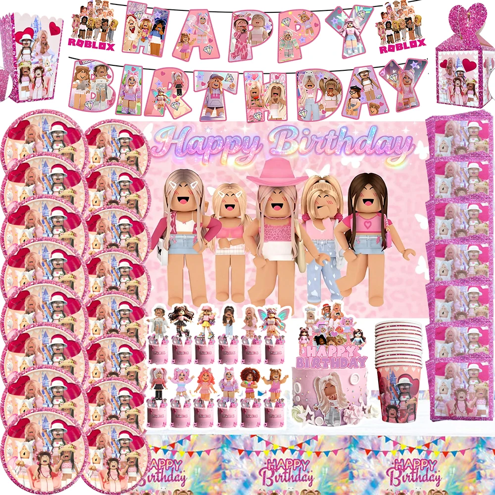 

Game Roblox Pink Theme Birthday Party Decor Tableware Set Paper Cups Background Cake Topper Balloon Baby Shower Boy Supplies