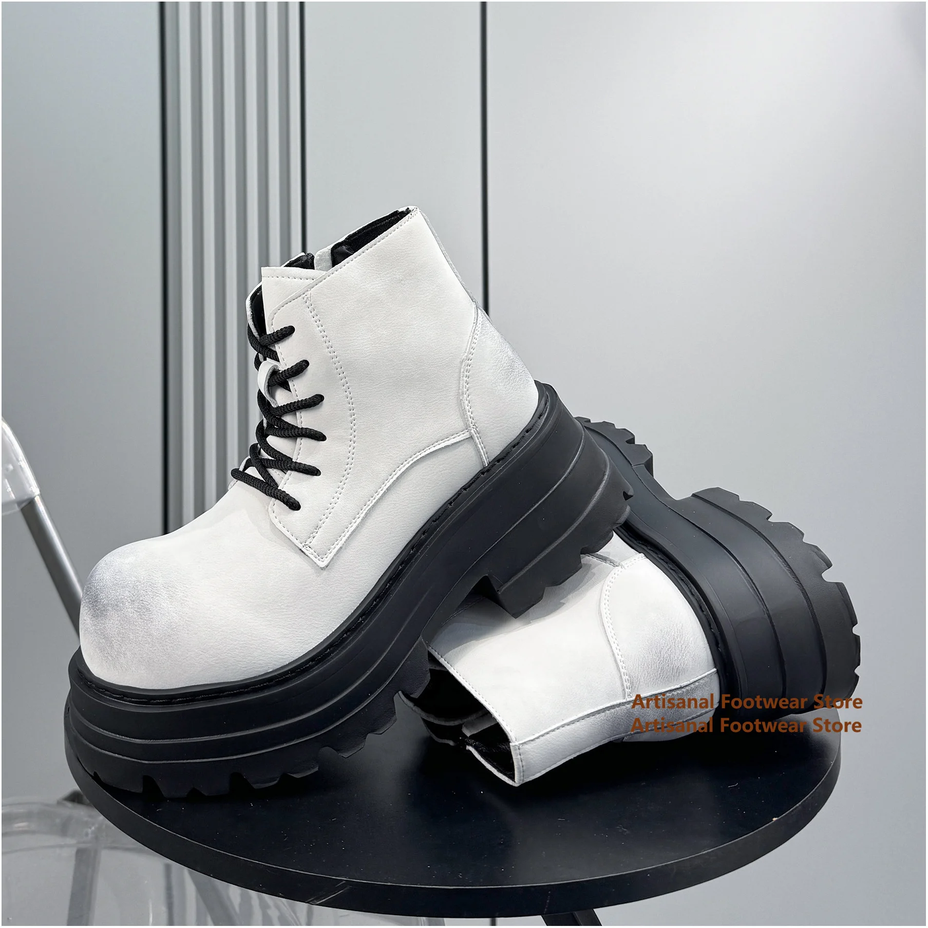 

Retro High Top Boots for Men Side Zipper Lace Up Shoes Thick Soled Big Round Toe 8Cm Height Increasing Shoes Men's Shoes