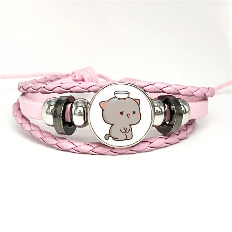 Pulsera de cuero rojo para pareja, brazalete multicapa con botón de cabujón de cristal, bonito gato Mitao rosa, regalo