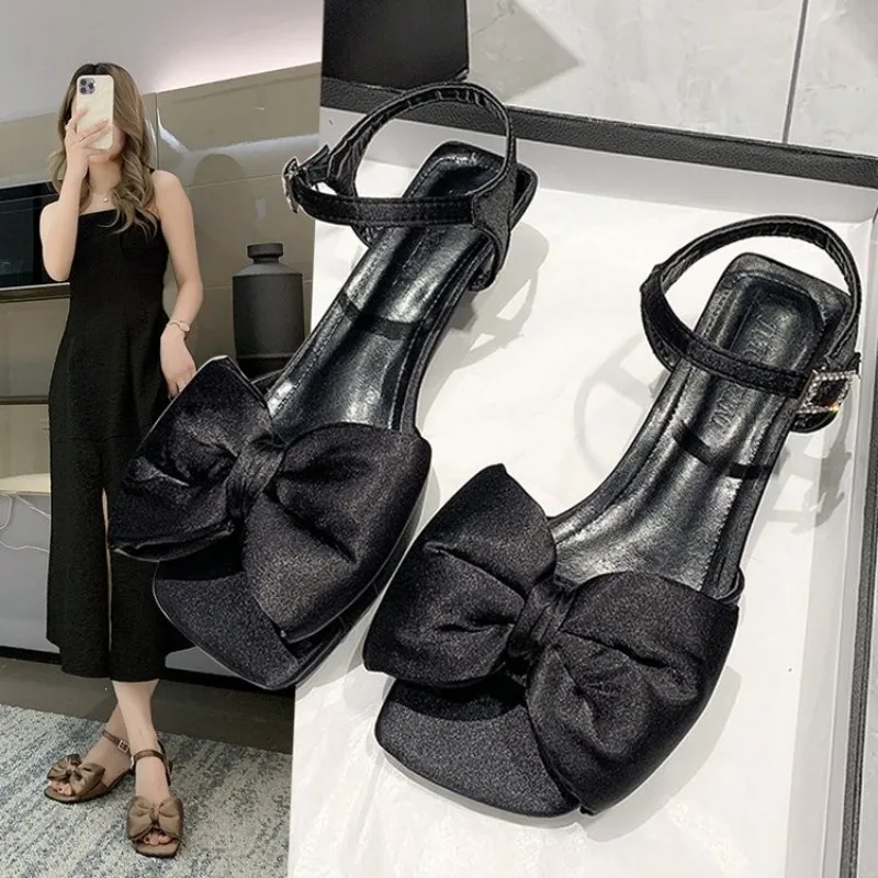 Women's Sandals Summer 2024 Bow Low Thick Heel Ladies Shoes Fashion Open Toe Solid Color Elegant Dress Heeled Sandales Femmes