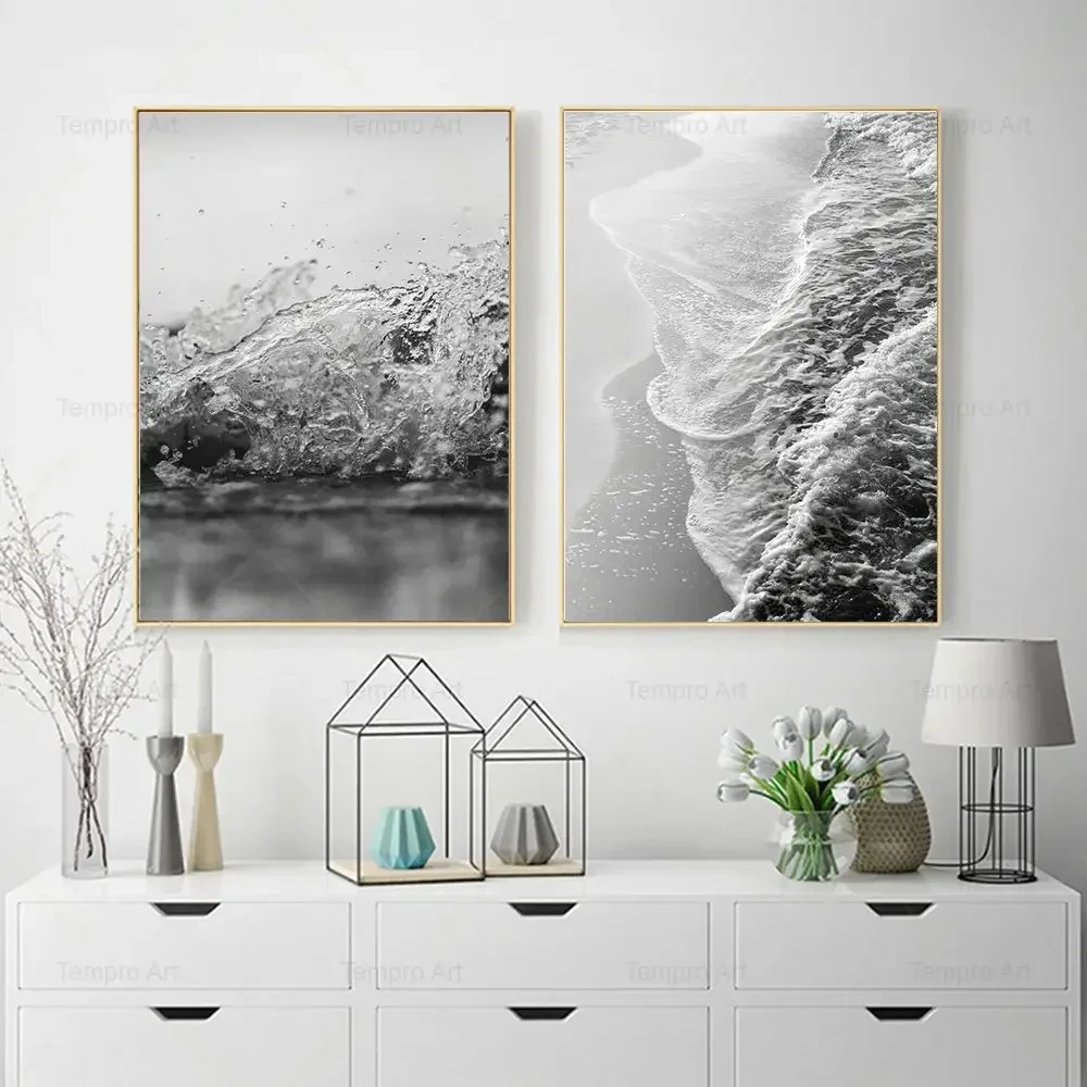 Tableau sur toile Paysage Forêt d'arbres enneigés, Pont et Vague, Noir et Blanc, Affiches d'art mural nordique pour Salon et Décoration intérieure