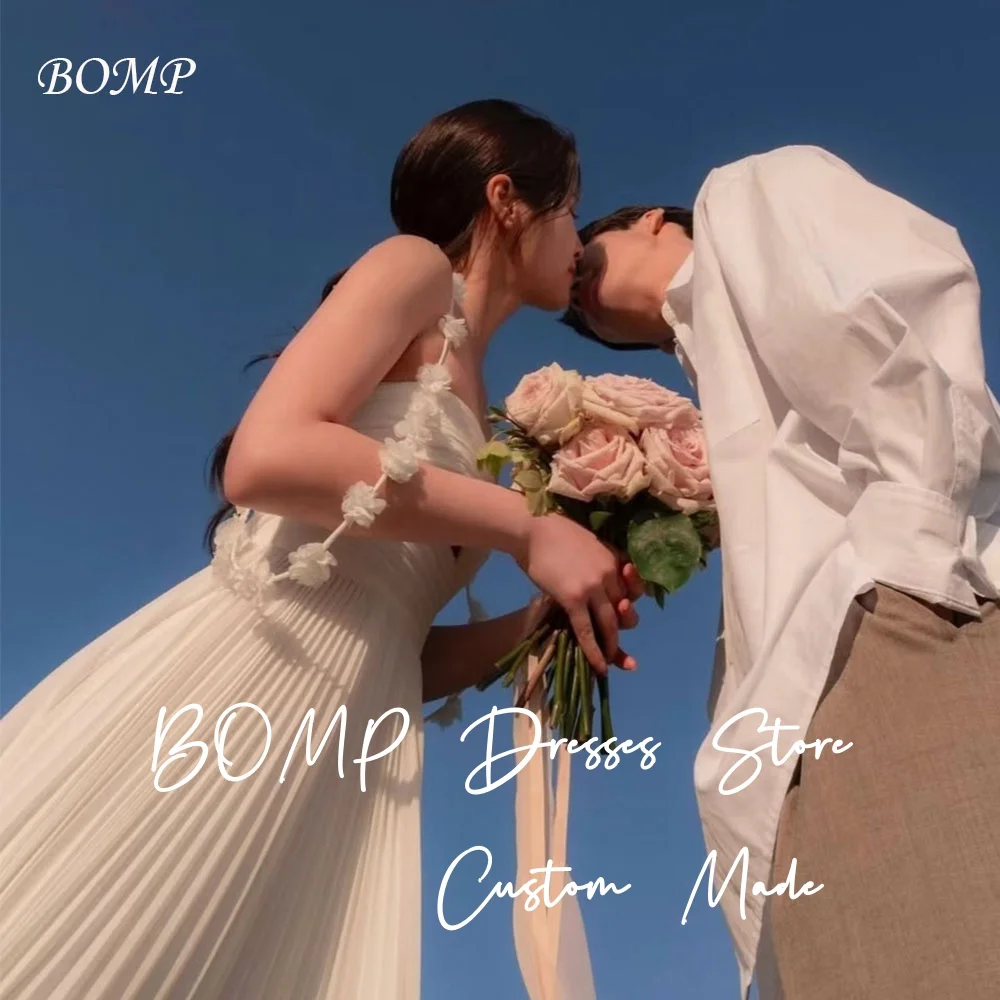 

BOMP Elegant 3D Flowers Spaghetti Strap Wedding Party Dress Ivory A-Line Pleat Chiffon Korea Photo Shoot Bridal Gown Customzied