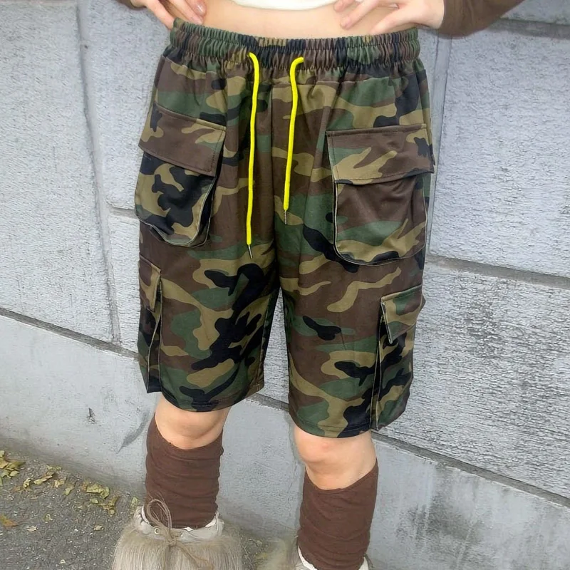 High Street Retro Camouflage Overalls With Three-dimensional Cut Pockets Casual Street Men Women Summer Drawstring Design Shorts