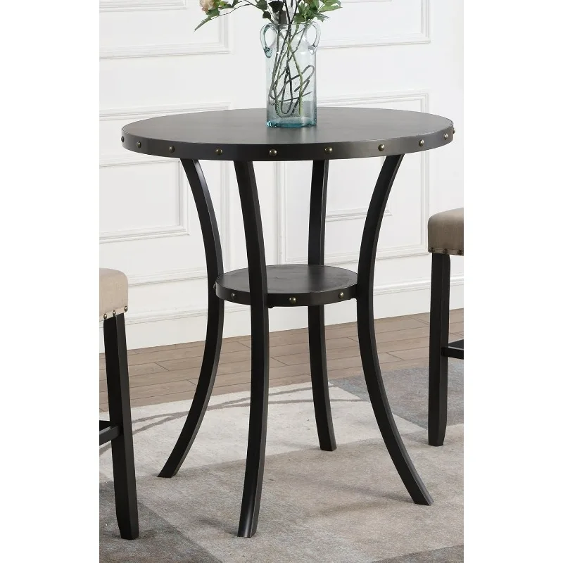 Round Espresso Bar Table with Nailhead Stools Table and Chairs Set