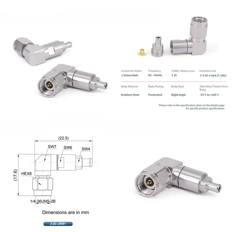 2.92Mm Male Right Angle Connector 50 Ohm, Stainless Steel, RoHS Compliant for 047 