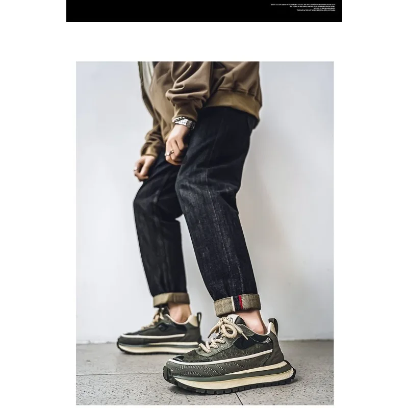 Retro Men's Croc Grain Leather Dad Sneakers 2026 New Breathable Height Increasing Anti Slip Casual Streetwear Footwear