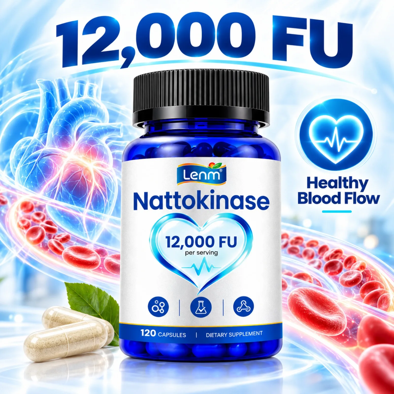 Nattokinase 12000 FU for Healthy Blood Flow & Heart Health, Antioxidant Support with CoQ10, Turmeric, Aged Garlic, 120 Capsules