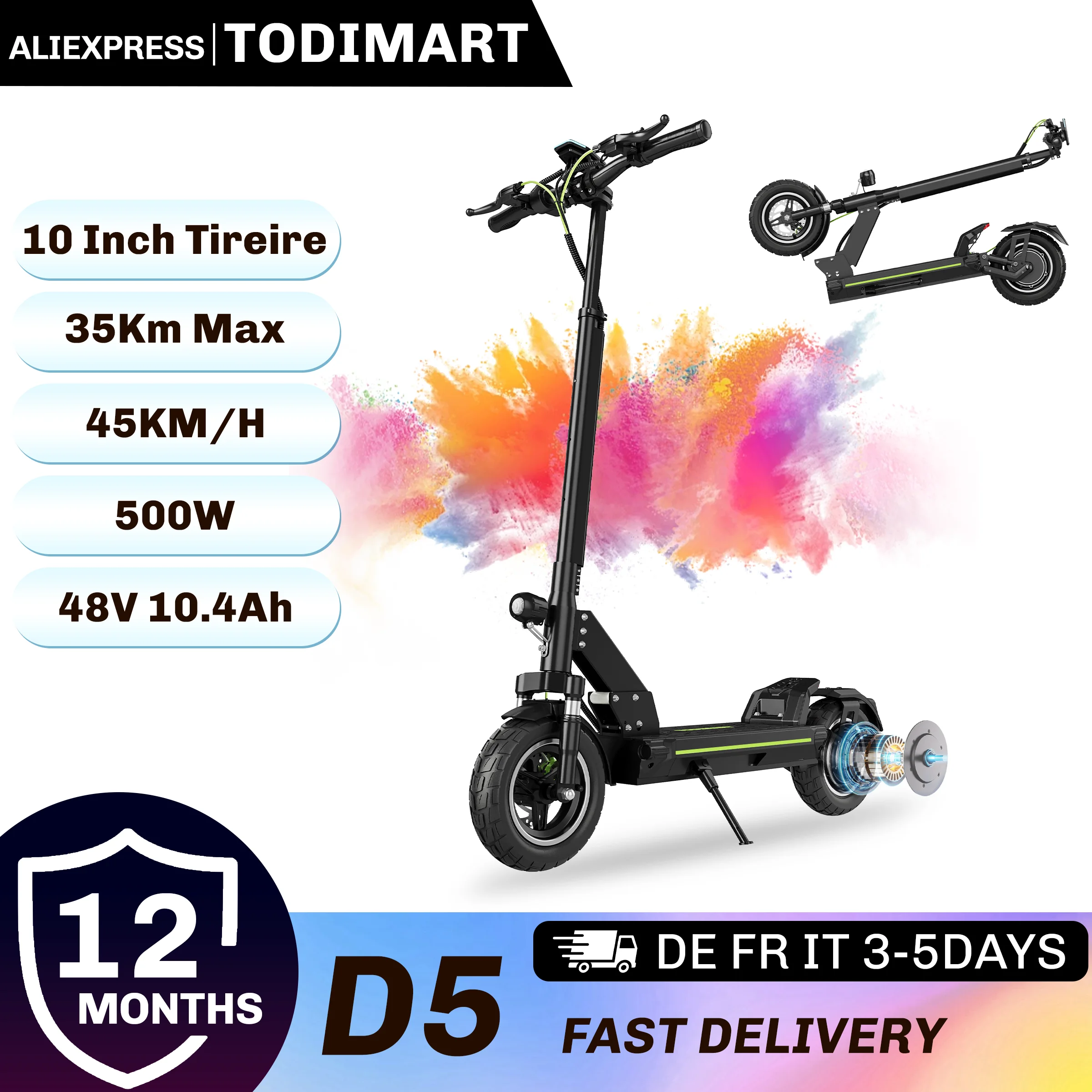TODIMAR D5 Electric Scooter 10 inch 500W E-Scooter Adults Urban 48V 10.4ah Foldable 30km/h Speed Off-road Range Escooter