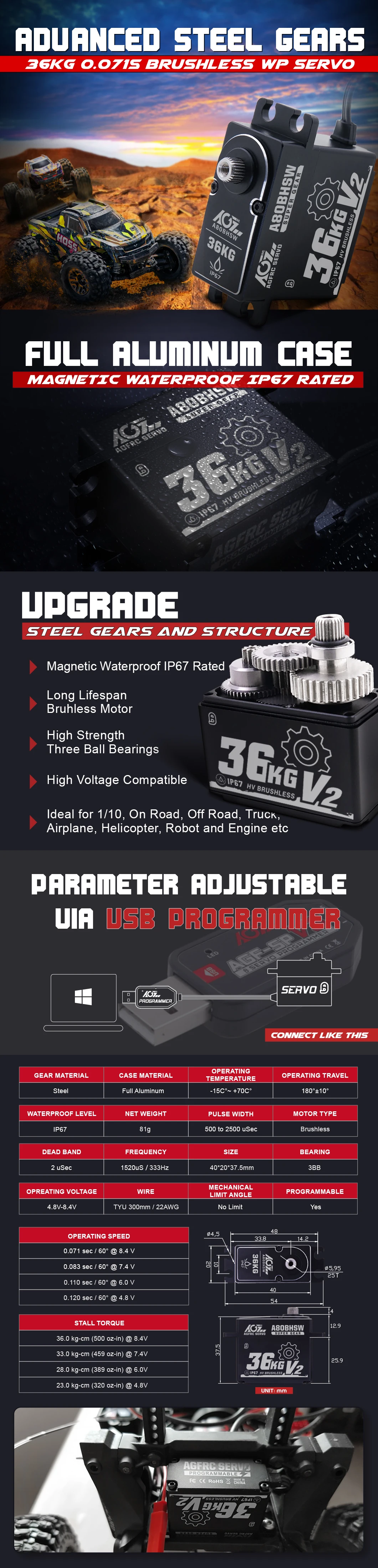 Agfrc wasserdicht a80bhsw v2 36kg hohes Drehmoment 0,071 Sek. Programmier bares bürstenloses Servo für Offroad RC Auto LKW Monster Truck – Detail 1