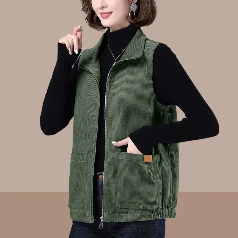 Korean Female Lapel Collar Corduroy Vest Coat Spring Autumn Women Large Size 5XL Waistcoat Jacket 2024 Lady Sleeveless Outerwear