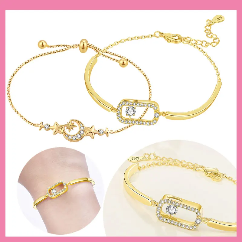 Bracelet Silver 925 Original Golden Stacked Stone Star-shaped Half Bracelet Suitable for DIY Charm Birthday Jewelry Gifts