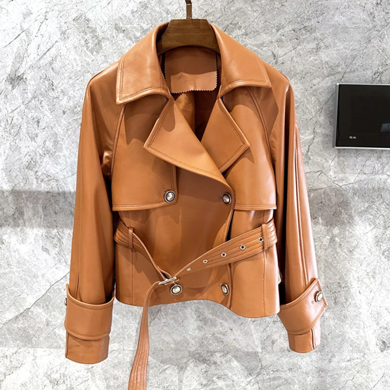 100% Genuine Leather Women\'s Short Lambskin Jacket Coats Fashion Double-breasted Lace-up Belt Female Imported Sheepskin Coats