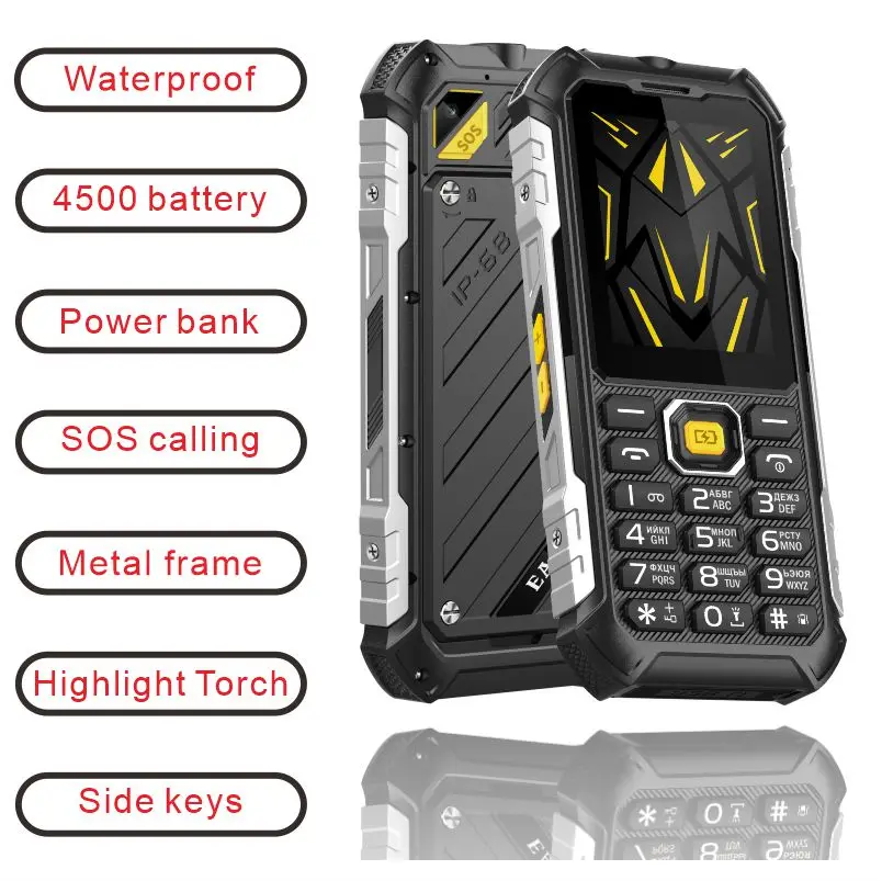 EAOR 2G Feature Keypad Waterproof  IP68 4500mAh Power Bank High brightnessTorch Volume side key SOS One Click Dialing Phone