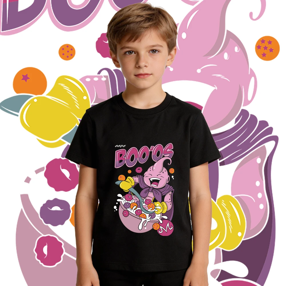 Camiseta de algodón con estampado de anime Dbz Majin Boo para niños y niñas, camiseta informal holgada, suave y transpirable