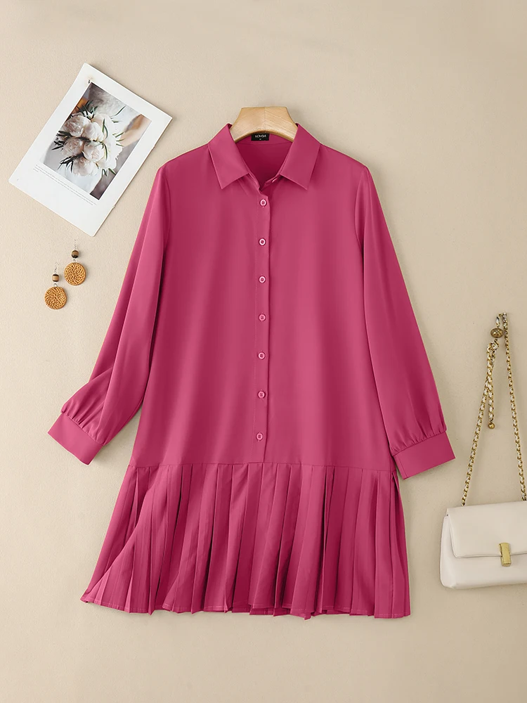 VONDA Frauen Mode Herbst Vestidos Hemd Kleider 2025, Langarm Solide Elegante Mini Sommerkleid Revers Tasten Rüschen Casual Robe