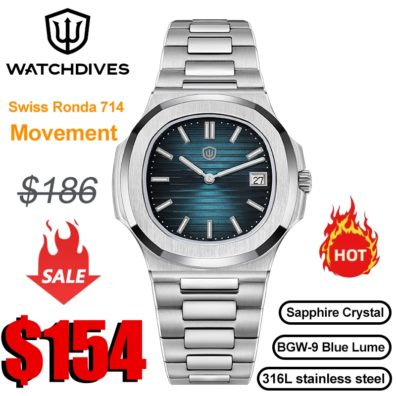 Watchdives WD00013 Quartz Watch Swiss Ronda 714 Movement Date Sapphire 316L 8Bar Waterproof 37Mm Luminous Square Luxury Watches