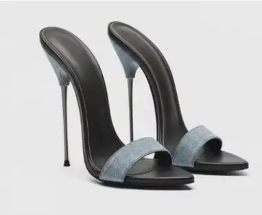 Sexy Women Brown Black Patent Leather Metal Stiletto Heels Mules Pointed Open Toe 13 16 CM Thin Heels Modern Slippers Size 46
