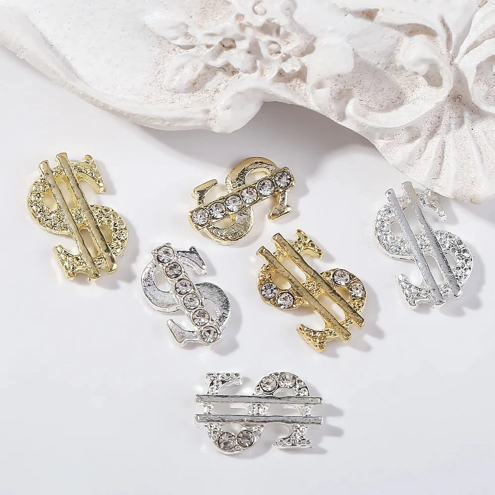 10Pcs Gold Silver US Dollar Symbol Sign Nail Figures Decoration Rhinestones Manicure Hip Hop Jewelry DIY Nail Jewelry Bulk Sales