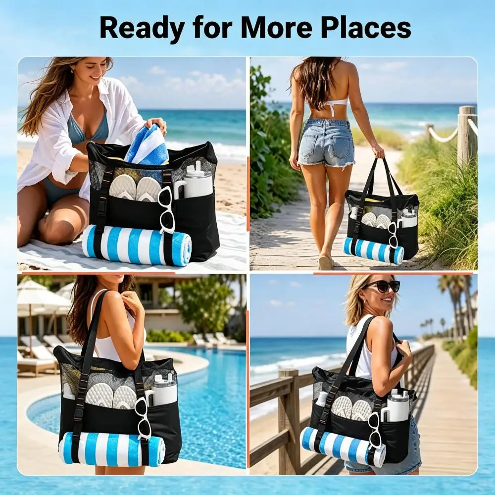40L Large Mesh Beach Bag Tote Towel Holder Dual Zipper Bottom Sandproof Waterproof for Women Swimming Pool Travel, Blue