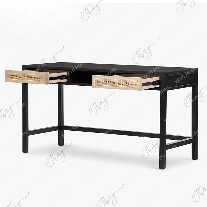 A Solid wood simple braided rattan combination corner desk combination study desk complete high-end customizable