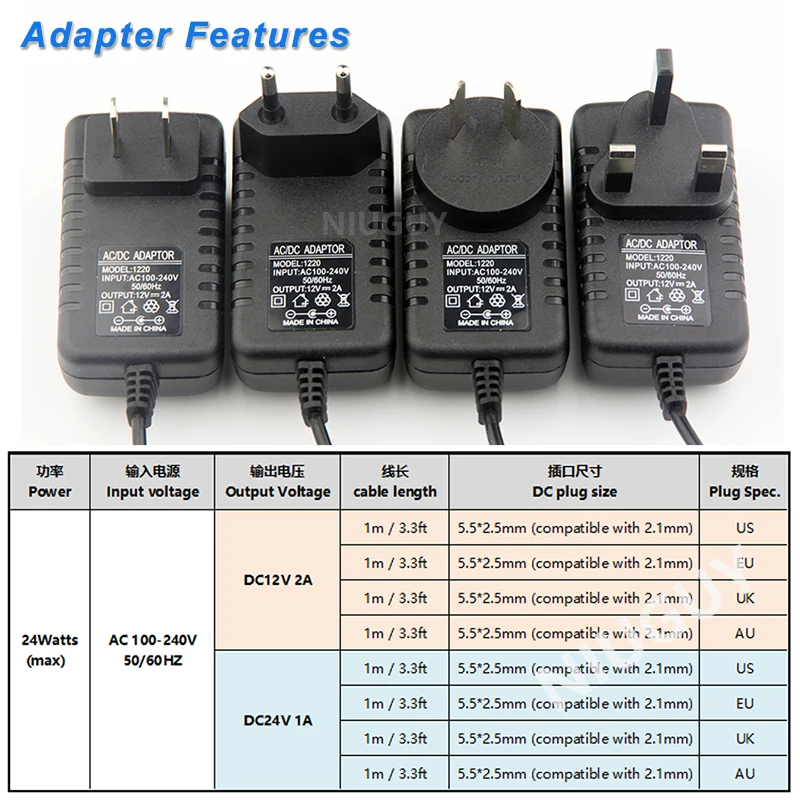 24W Power Adapter EU US AU UK Plug LED Driver AC110V 220V to DC 12V 2A 5.5*2.1mm-2.5mm  For LED Strip Lights Transformer CCTV