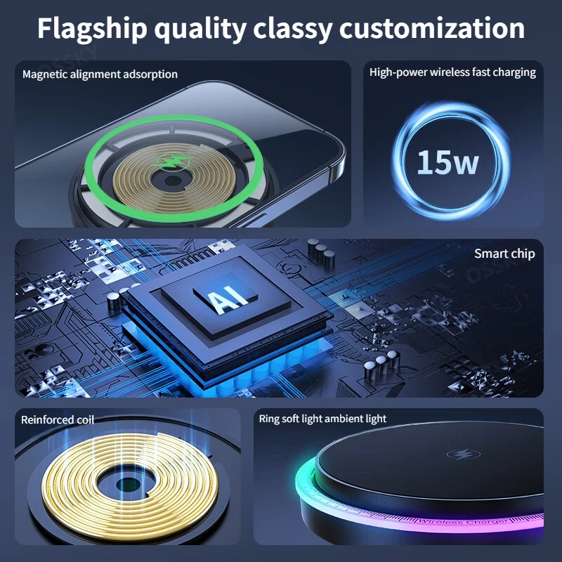 أضواء LED المغناطيسي شاحن لاسلكي حامل السيارة آيفون 12 13 14 15 16 برو ماكس 15 واط شحن سريع حامل هاتف السيارة العالمي